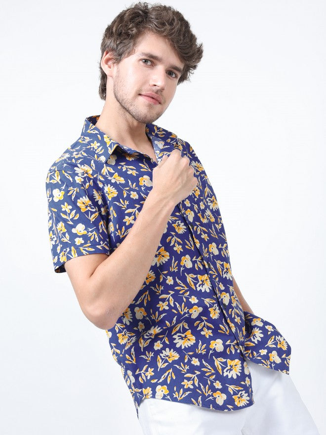 Mens Blue/Beige Slim Fit Printed Casual Shirt - Blue - Image 6
