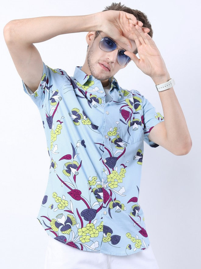 Highlander Men Blue/Yellow Slim Fit Printed Casual Shirt - Blue - Image 1