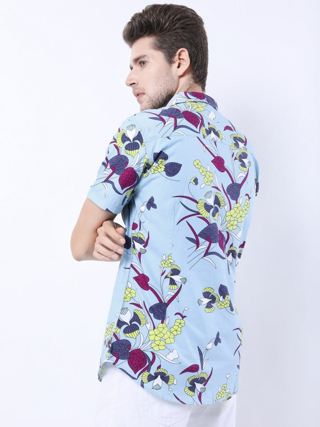 Highlander Men Blue/Yellow Slim Fit Printed Casual Shirt - Blue - Image 3
