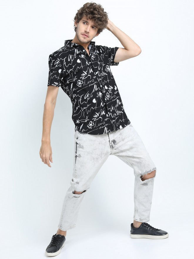 Mens Black/White Slim Fit Printed Casual Shirt - Black - Image 2