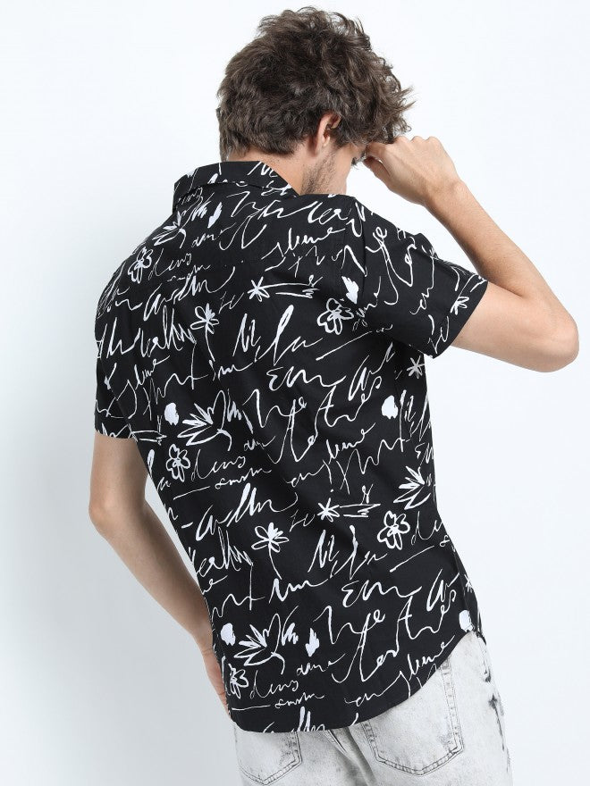 Mens Black/White Slim Fit Printed Casual Shirt - Black - Image 3