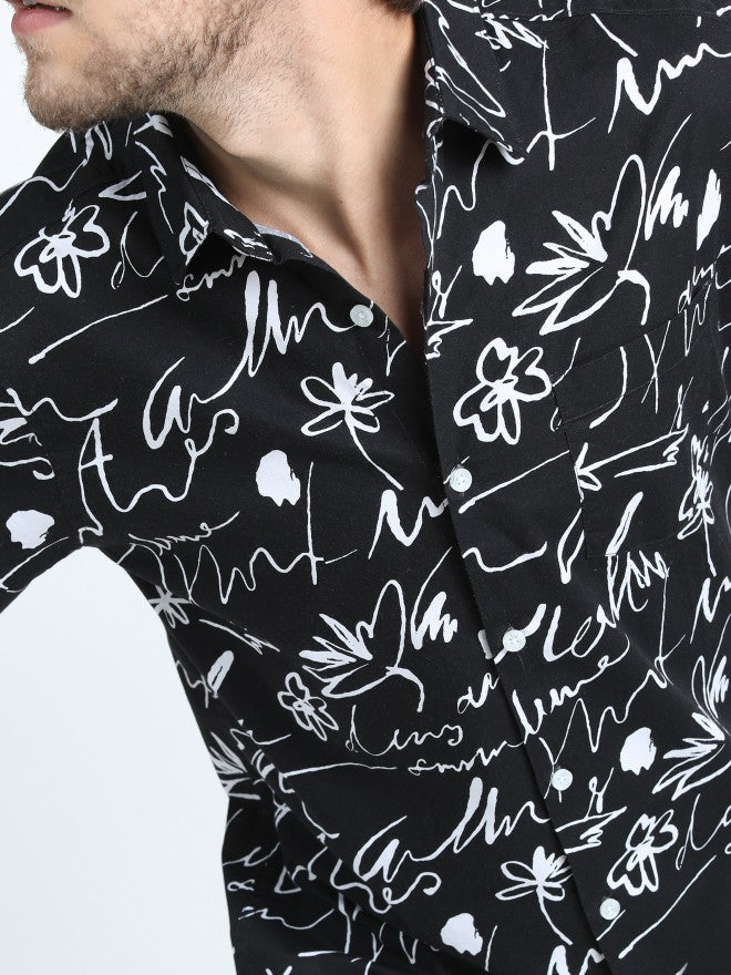 Mens Black/White Slim Fit Printed Casual Shirt - Black - Image 4