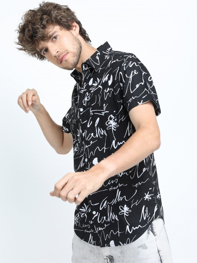 Mens Black/White Slim Fit Printed Casual Shirt - Black - Image 5