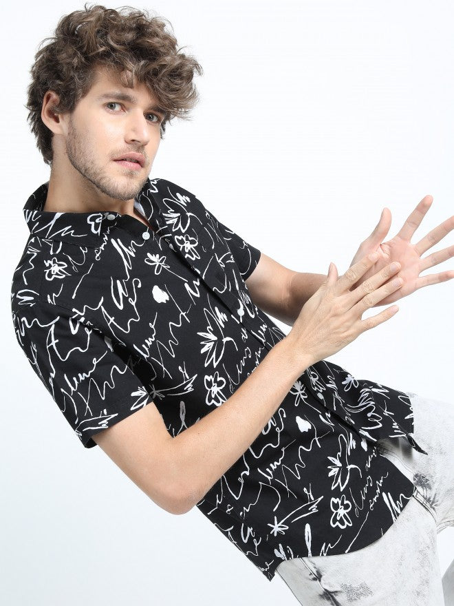 Mens Black/White Slim Fit Printed Casual Shirt - Black - Image 6