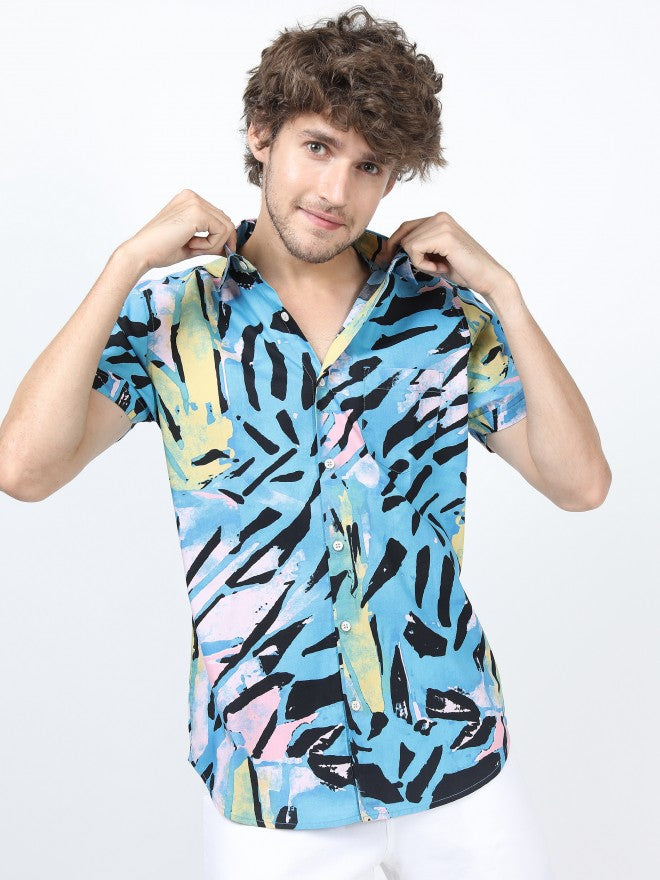 Mens Blue Slim Fit Printed Casual Shirt - Blue - Image 1