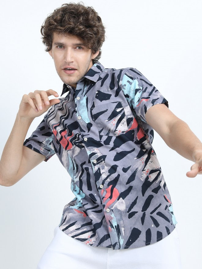Mens Grey Slim Fit Printed Casual Shirt - Grey - Image 1