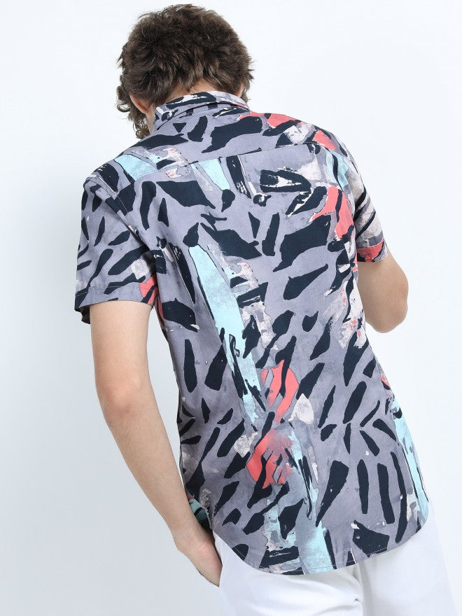 Mens Grey Slim Fit Printed Casual Shirt - Grey - Image 3