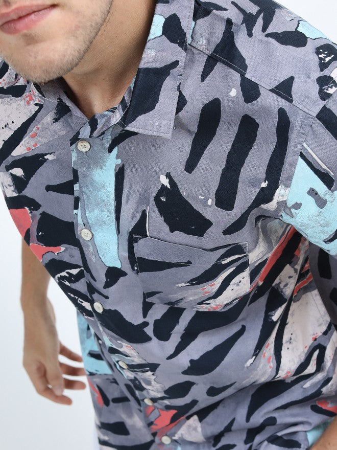 Mens Grey Slim Fit Printed Casual Shirt - Grey - Image 4