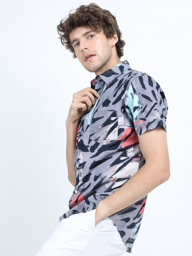 Mens Grey Slim Fit Printed Casual Shirt - Grey - Image 5