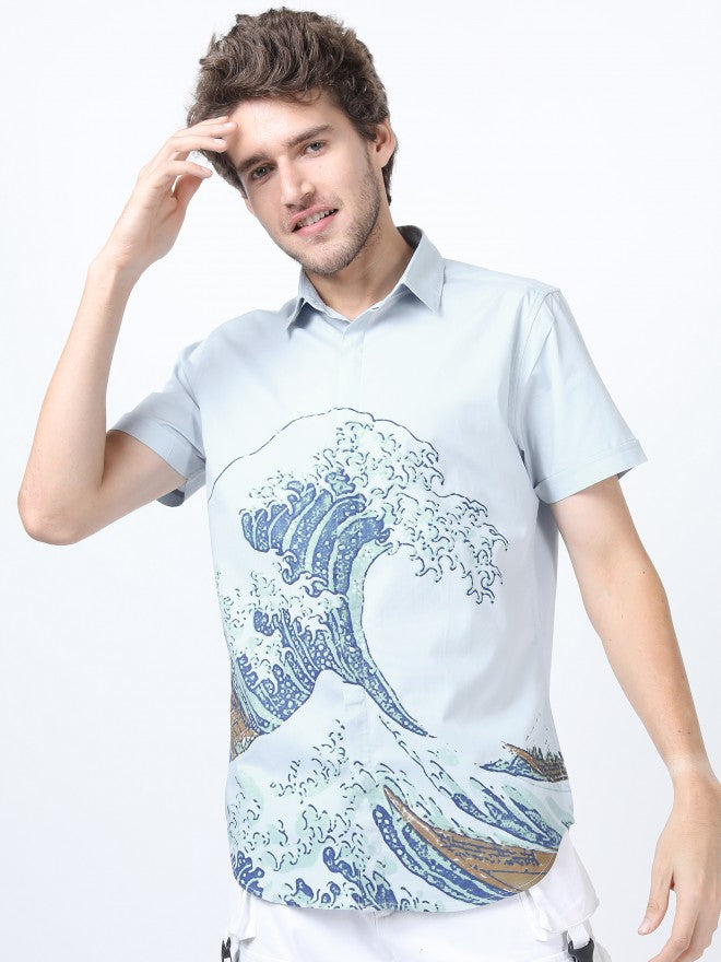 Mens Blue Slim Fit Printed Casual Shirt - Blue - Image 1