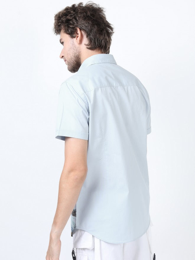 Mens Blue Slim Fit Printed Casual Shirt - Blue - Image 3
