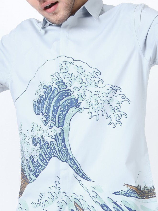 Mens Blue Slim Fit Printed Casual Shirt - Blue - Image 4