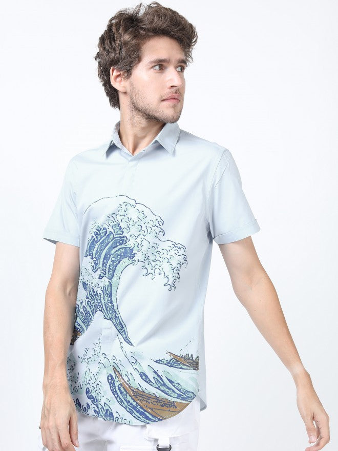 Mens Blue Slim Fit Printed Casual Shirt - Blue - Image 5