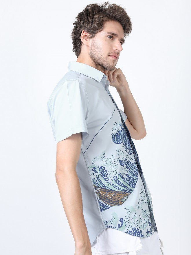 Mens Blue Slim Fit Printed Casual Shirt - Blue - Image 6
