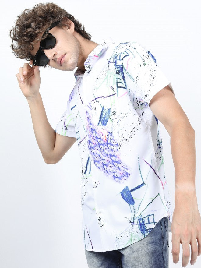 Mens White & Blue Slim Fit Printed Casual Shirt - White - Image 1