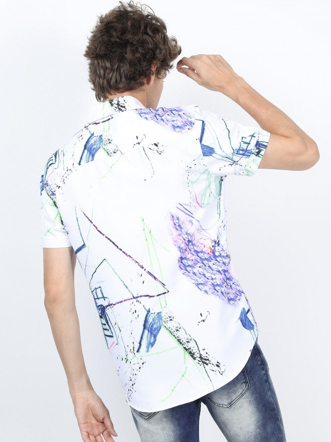Mens White & Blue Slim Fit Printed Casual Shirt - White - Image 3