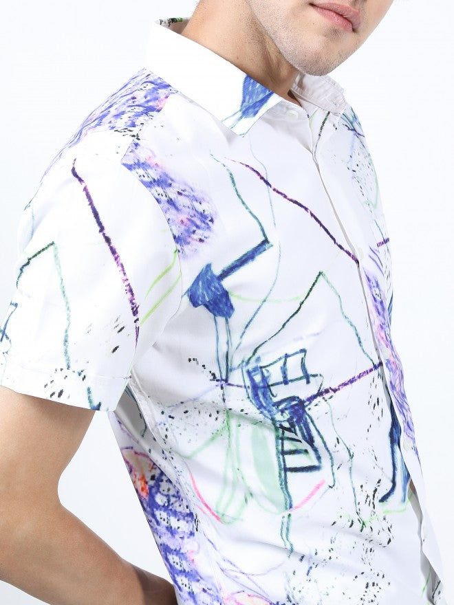 Mens White & Blue Slim Fit Printed Casual Shirt - White - Image 4