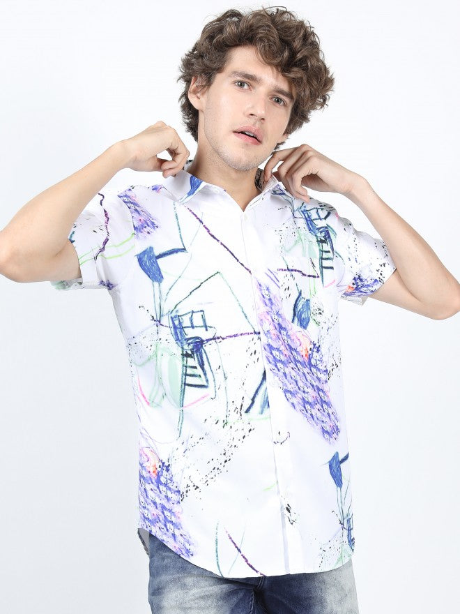 Mens White & Blue Slim Fit Printed Casual Shirt - White - Image 5