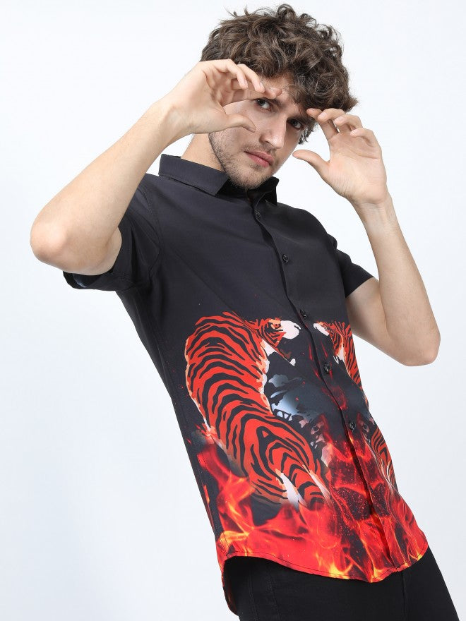 Mens Black Slim Fit Printed Casual Shirt - Black - Image 1