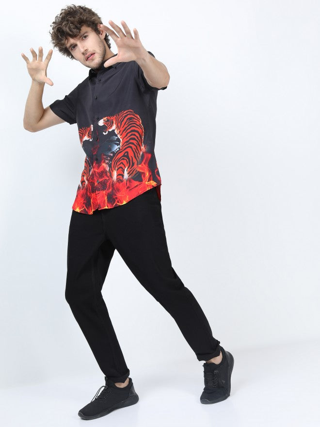 Mens Black Slim Fit Printed Casual Shirt - Black - Image 2