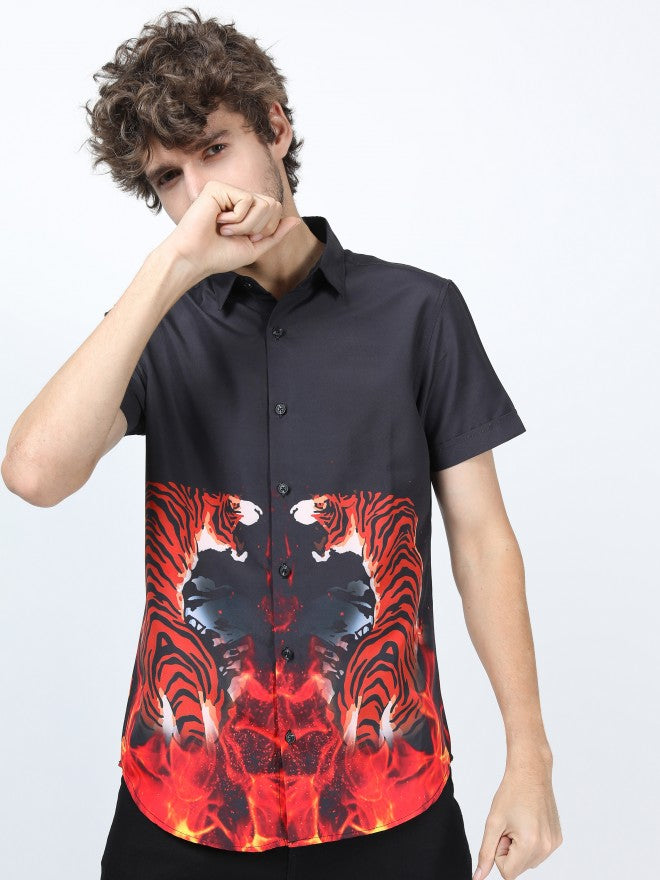 Mens Black Slim Fit Printed Casual Shirt - Black - Image 4