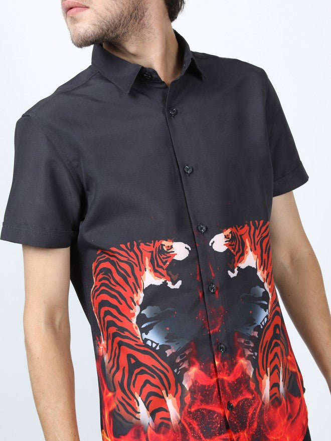 Mens Black Slim Fit Printed Casual Shirt - Black - Image 5