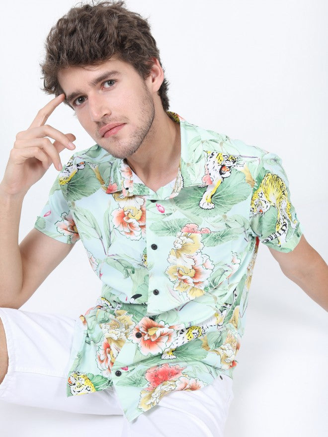Highlander Men Green Printed Slim Fit Casual Shirt - Green - Image 1