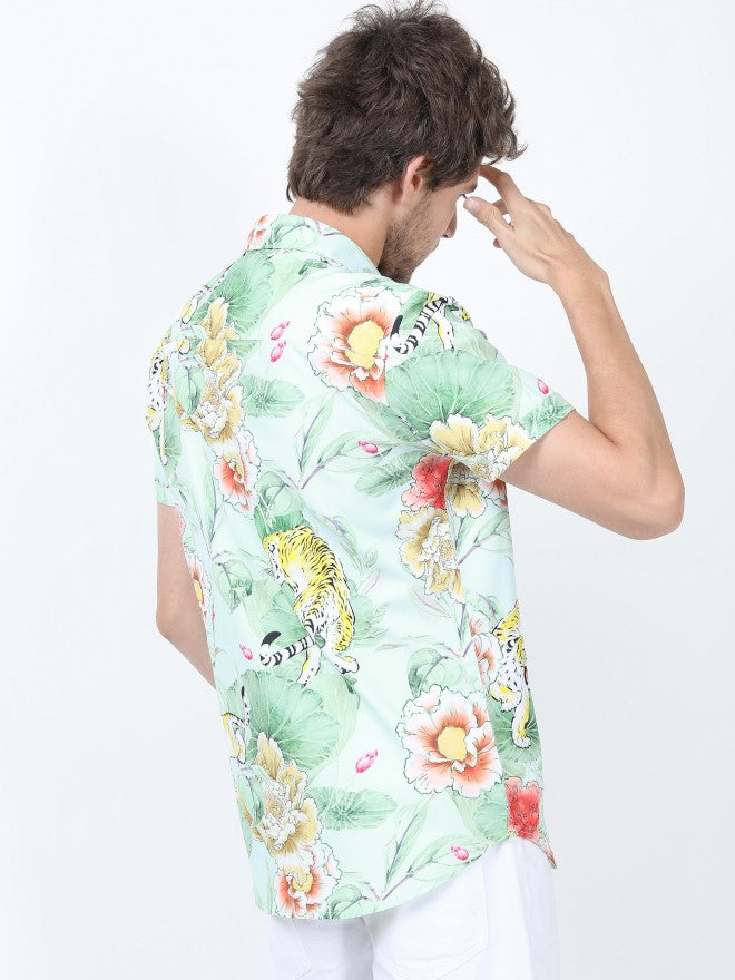 Highlander Men Green Printed Slim Fit Casual Shirt - Green - Image 3