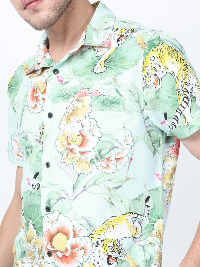 Highlander Men Green Printed Slim Fit Casual Shirt - Green - Image 4