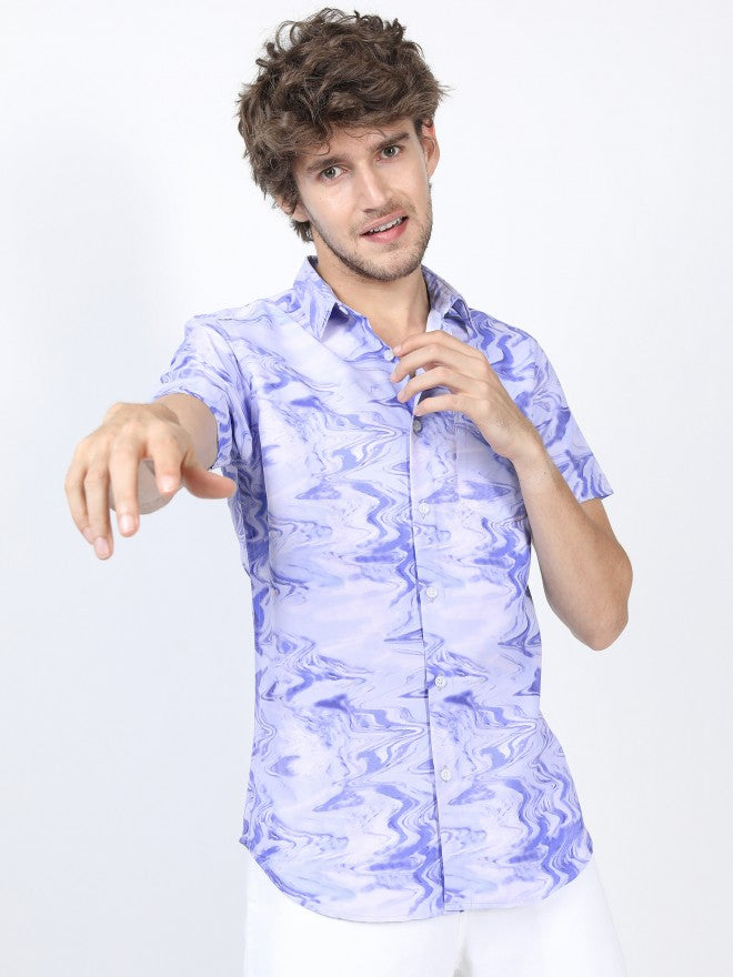 Mens Lavender/Blue Slim Fit Printed Casual Shirt - Lavender - Image 1