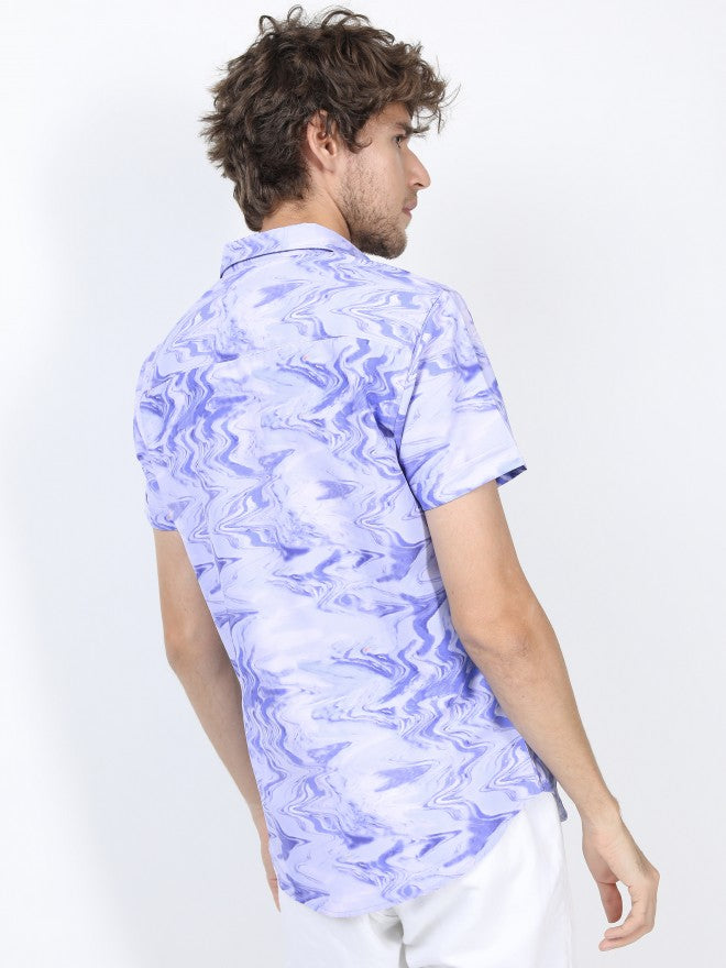 Mens Lavender/Blue Slim Fit Printed Casual Shirt - Lavender - Image 3