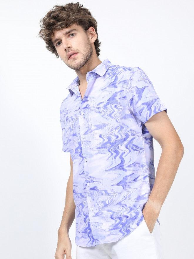 Mens Lavender/Blue Slim Fit Printed Casual Shirt - Lavender - Image 5