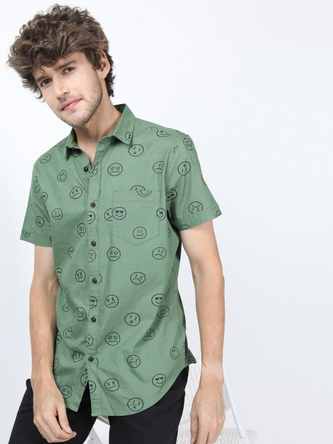 Mens Green Slim Fit Printed Casual Shirt - Green - Image 1