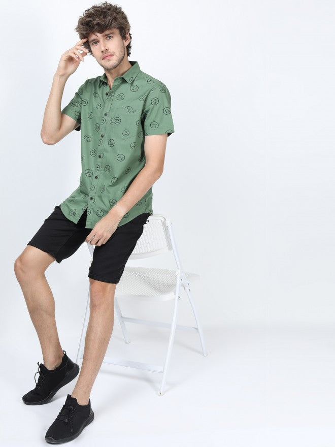Mens Green Slim Fit Printed Casual Shirt - Green - Image 2