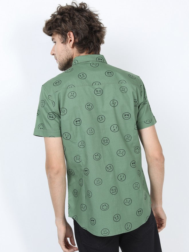 Mens Green Slim Fit Printed Casual Shirt - Green - Image 3