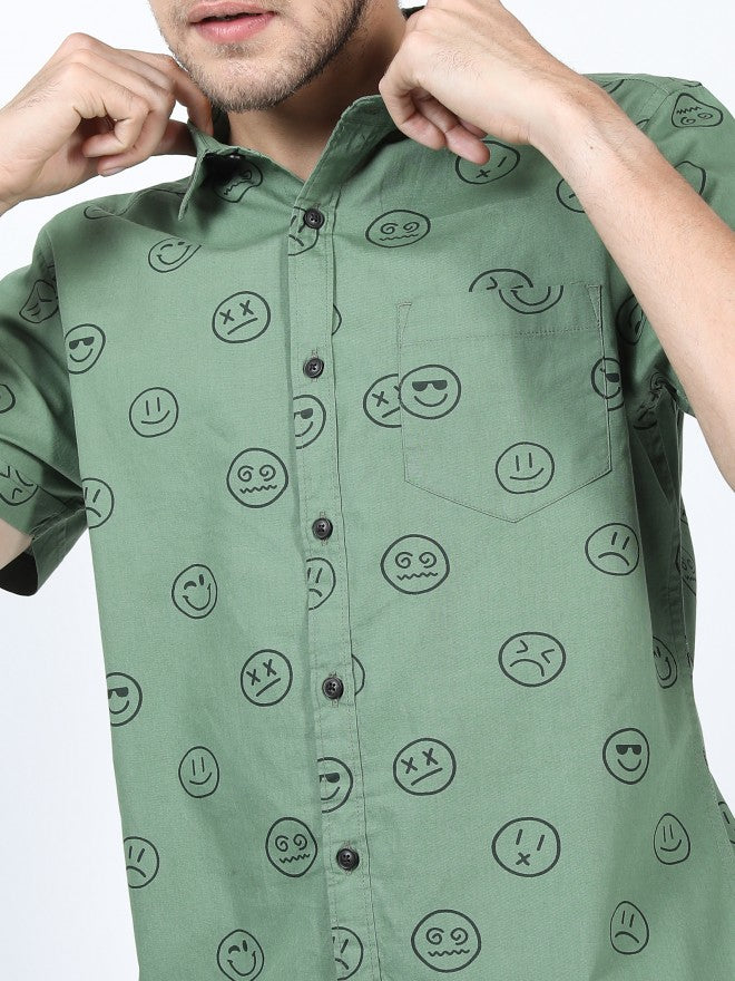 Mens Green Slim Fit Printed Casual Shirt - Green - Image 4