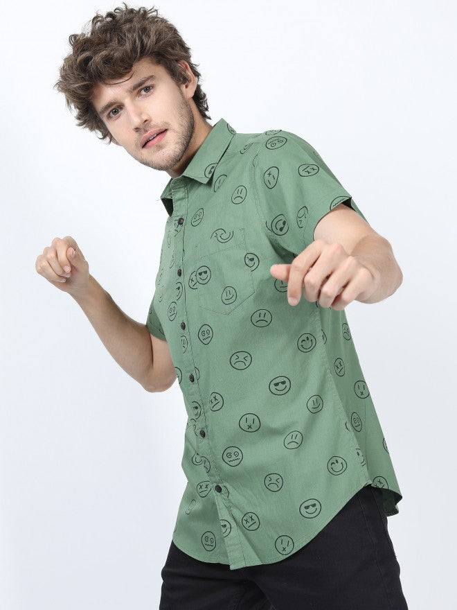 Mens Green Slim Fit Printed Casual Shirt - Green - Image 5