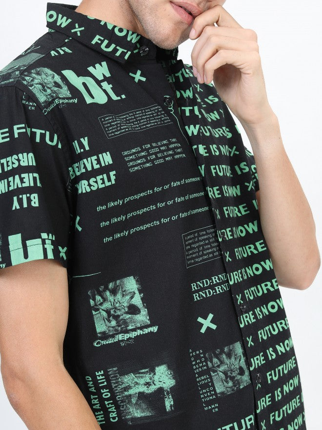 Highlander Men Black Slim Fit Printed Casual Shirt - Black - Image 4