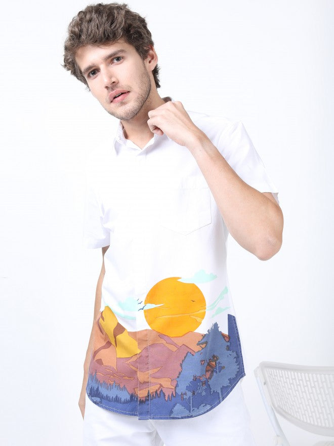 Mens White Slim Fit Printed Casual Shirt - White - Image 1