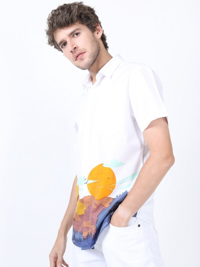 Mens White Slim Fit Printed Casual Shirt - White - Image 5