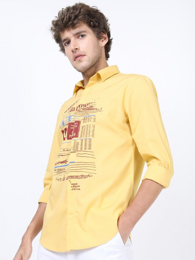 Mens Yellow Slim Fit Printed Casual Shirt - Yellow - Image 1