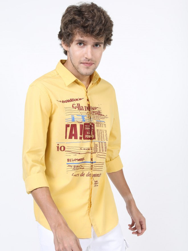 Mens Yellow Slim Fit Printed Casual Shirt - Yellow - Image 4
