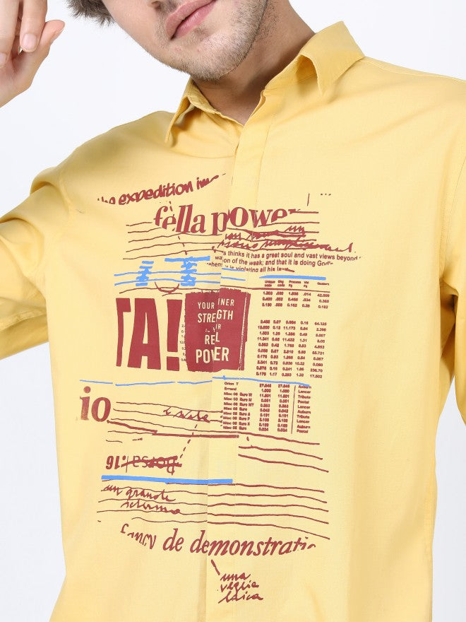 Mens Yellow Slim Fit Printed Casual Shirt - Yellow - Image 5