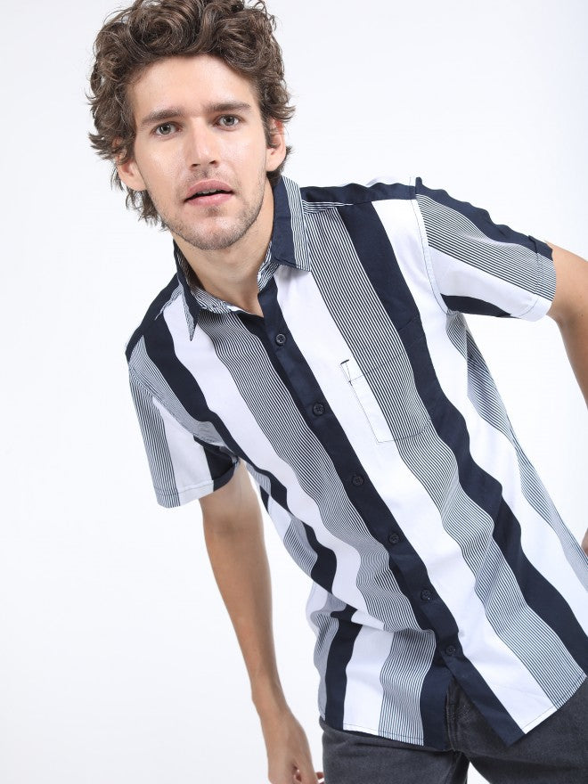 Highlander Mens Navy/White Slim Fit Striped Casual Shirt - Navy Blue - Image 1