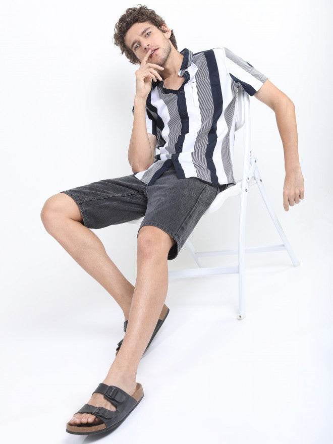 Highlander Mens Navy/White Slim Fit Striped Casual Shirt - Navy Blue - Image 2