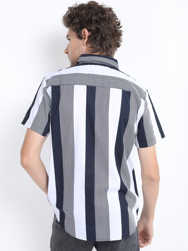 Highlander Mens Navy/White Slim Fit Striped Casual Shirt - Navy Blue - Image 3
