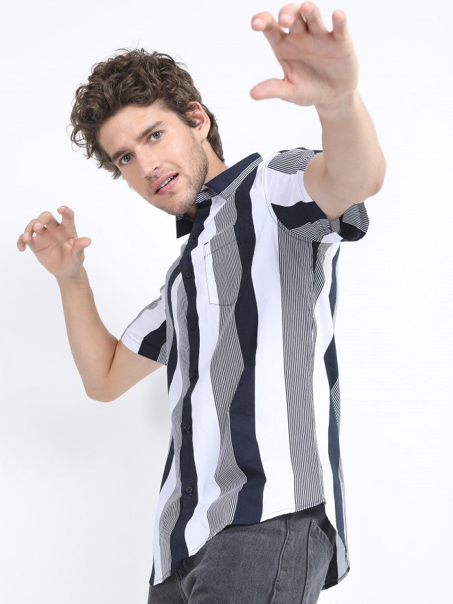 Highlander Mens Navy/White Slim Fit Striped Casual Shirt - Navy Blue - Image 4