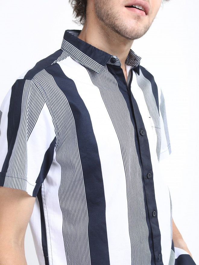 Highlander Mens Navy/White Slim Fit Striped Casual Shirt - Navy Blue - Image 5