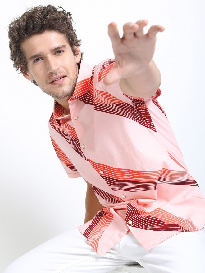Highlander Mens Pink/Maroon Slim Fit Printed Casual Shirt - Pink - Image 1