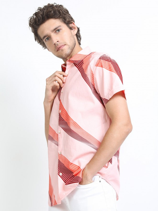 Highlander Mens Pink/Maroon Slim Fit Printed Casual Shirt - Pink - Image 4